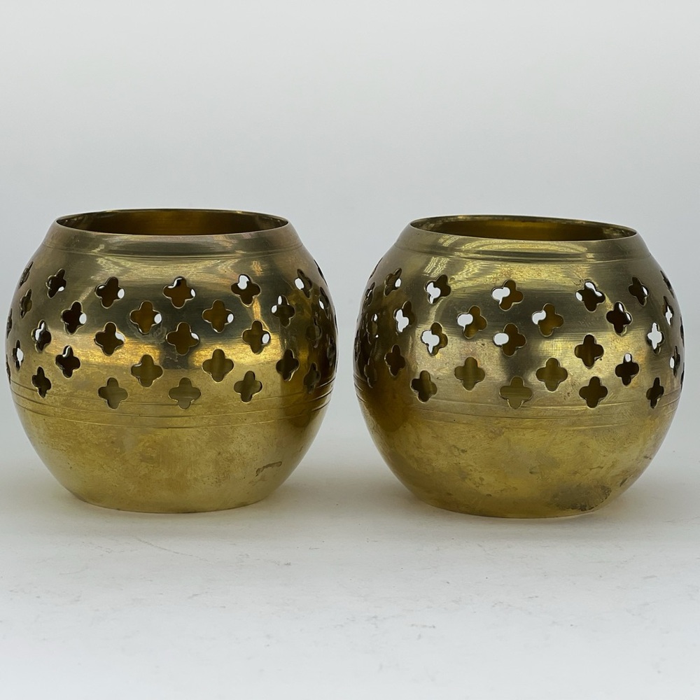 Vintage Brass Candle Holders Set of 2 Votive Sphere Round Cutouts India Boho
